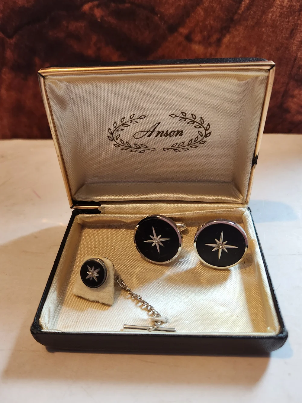 Vintage Anson Black Onyx Starburst Cufflinks and Tie Tack Set